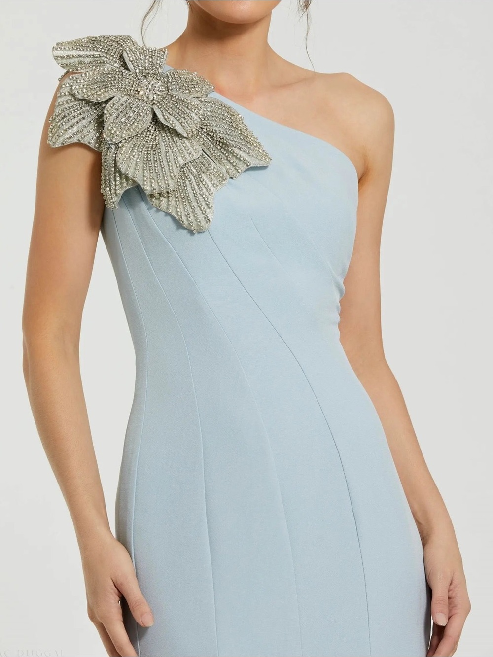 Mac Duggal 11810 Blue Crepe One Shoulder Gown With Crystal Flower Size 6 NWT - Picture 2 of 11